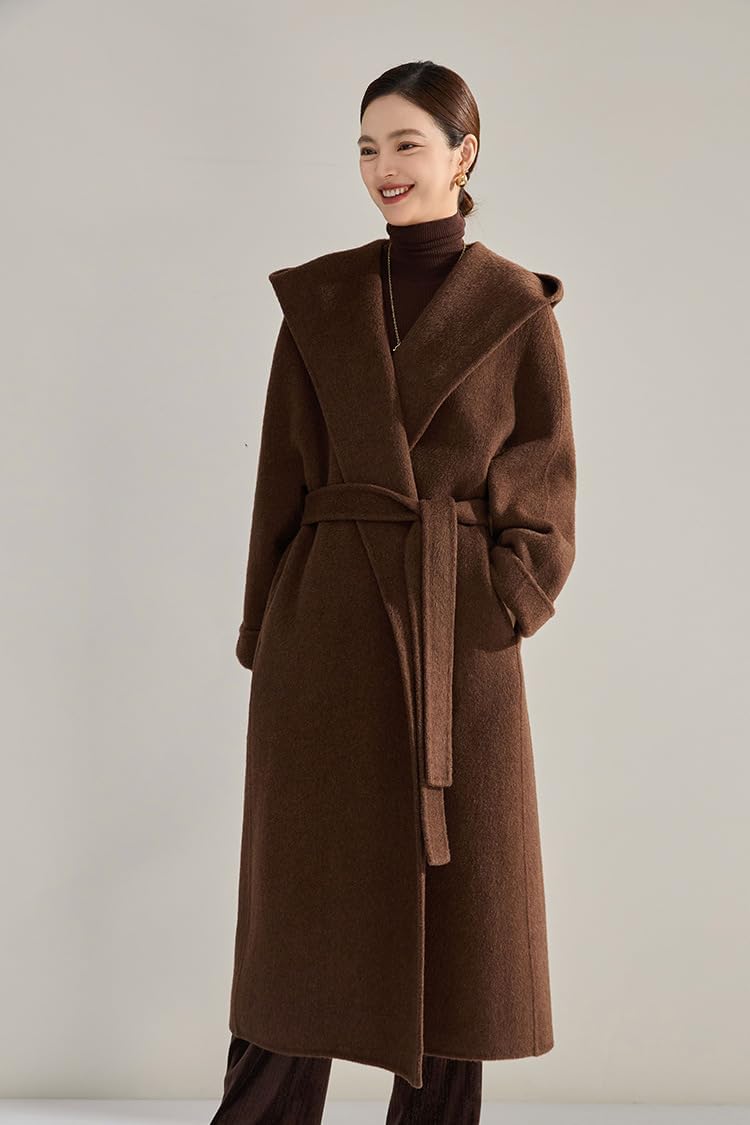 utcoco Women's Winter Belted Wool Coat Lapel Collar Pea Coat Open Front Long Wool Trench Coat with Hood