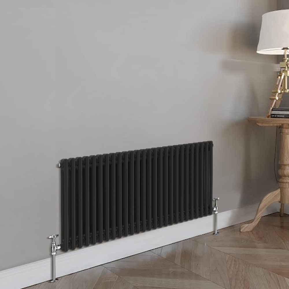 Blümme Traditional Cast Iron Style Double Column Black Horizontal Radiator 600 x 1190mm – Perfect for Bathrooms Kitchen Living Room