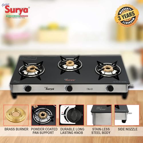 Image of Golden Surya 3 Burner Gas Stove with Toughened Glass Top, Stainless Steel Body, Manual Ignition, ISI Certified, 18 Months Warranty (CXJ-32-SS)