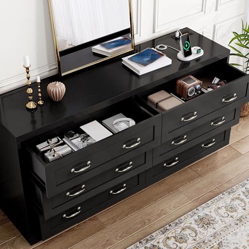 DWVO Farmhouse 6 Drawer Dresser for Bedroom, 60 Inch Large Modern Dresser TV Stand with Large Drawers & Bar Handles, Storage Dressers with Power Outlets, Rustic Wood Chest of Drawers, Black