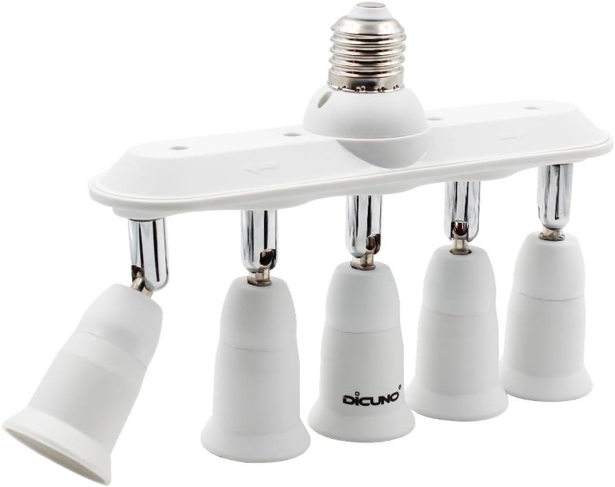 Light Socket Splitter 5 Way Adapter, 5 in 1 E26 Socket Converter, Bulb Lamp Horizontal Designed 360 Degrees Adjustable 180 Degrees Bending White