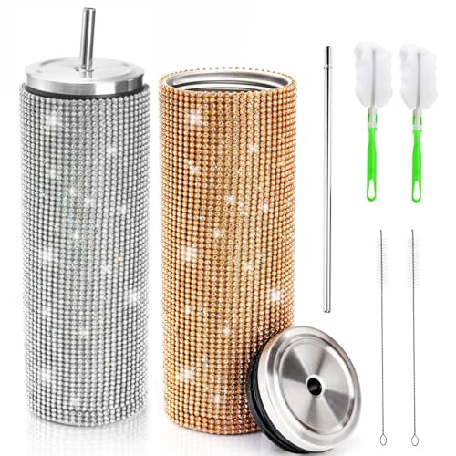 Mezchi 2 Pack Studded Rhinestone Tumbler, 650ML/23OZ Bling Tumbler Cup with Lid and Straw, Stainless Steel Glitter Cups, Thermal Bottle for Women, Silver, Gold