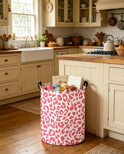 Image of Pink Leopard Print Hamper,Baby Laundry Hamper,Waterproof Collapsible Baby Storage Baskets for Kid Room Decor,Clothes Organizer Basket,Gift Baskets(Pink Leopard Print)