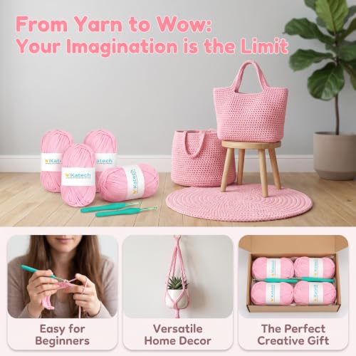 Image of Katech 400g T Shirt Yarn for Crocheting, Elastic Fabric Yarn for Bag-Pink