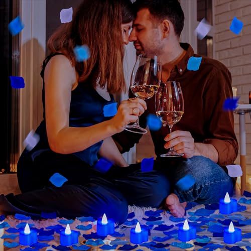 Image of Coume 6000 Pieces Artificial Rose Petal 72 Pieces LED Tealights Candle, Romantic Decorations Special Night Rose Petal Heart Candle for Valentines Wedding Anniversary Proposal Decor(Cute Blue Light)