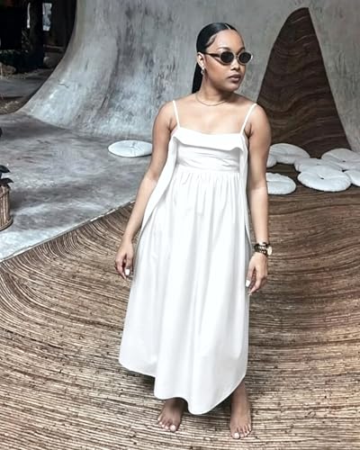 Image of YUEWOO Midi Dresses for Women Casual Summer Sundresses Vacation Outfits Spaghetti Strap Smocked Women Maxi Dress with Pockets