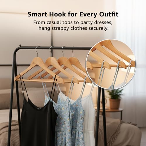 Image of Amazon Basics Wooden Hangers - Glossy Finish, Natural Wooden Color, Chrome Hook, 360 Rotation, Pant Bar, 5kg Load Capacity, Pack of 20 (Size: 44.5L x 23H x 1.2W cm)