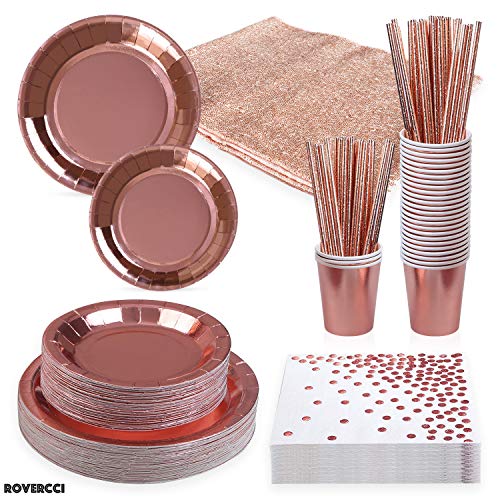 Rose Gold Party Supplies - Disposable Plates, Dessert Plates, 30 Napkins, Straws, 1Table Runner-Serves 25