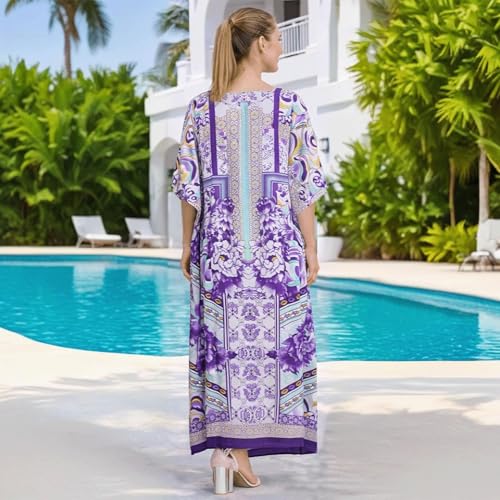 Image of Miss Lavish London Swimwear Cover ups Kaftan Dresses for Women Ethnic Print V Neck, Beach Coverups Plus Size, Side Slit & Pockets on Both Sides, Womens Beach Resort Wear-Purple-XL