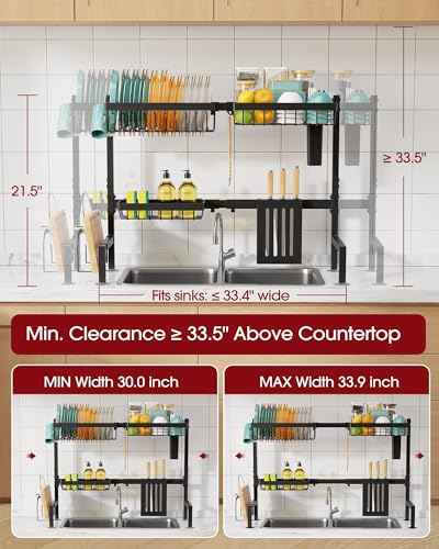 Sakugi Over The Sink Dish Drying Rack - Adjustable 2 Tier Large Capacity Stainless Steel Drainer with Cutlery & Utensil Holders, Kitchen Storage & Organization, 30"-33.9" L x 11" W x 21.5" H, Black - Thumbnail 3