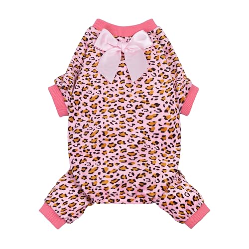 Image of Fitwarm Leopard Dog Pajamas, Fleece Dog Clothes for Small Dogs Girl with Legs, Pet Onesie, Cat Outfit, Pink, Large