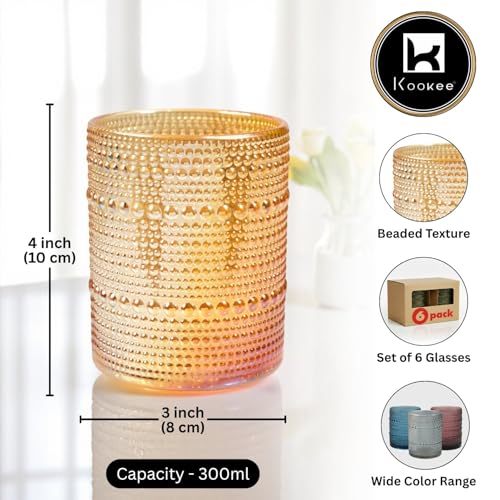 Image of Kookee Jupiter Vintage Hobnail Bubble Glass Whiskey Tumblers Set of 6 | 300ml Old Fashioned Drinking Glasses for Cocktails, Bourbon & Beverages (11357)