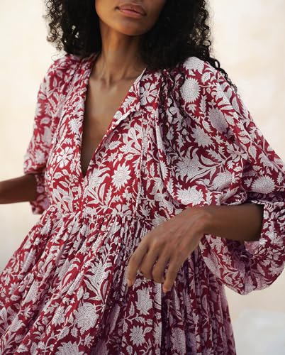 Image of Boho Dresses for Women Floral V Neck Puff SLVS Babydoll Short Beach Dress