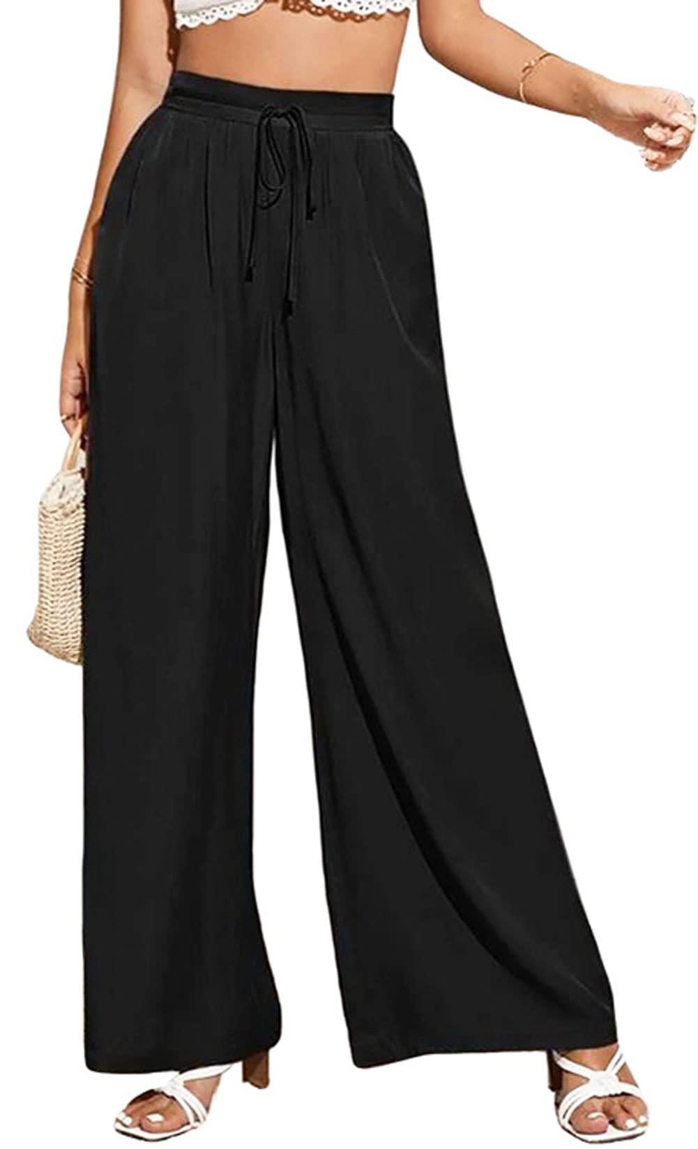 CHARTOU Wide Leg Palazzo Pants for Women Flowy Beach Pants Flared Elastic High Waisted Trousers Drawstring