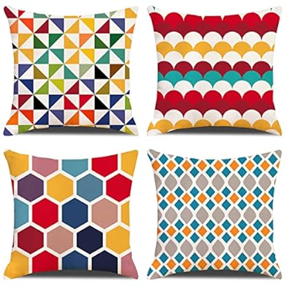 ZHAOMIMI 4er Set Dekorativ Kissenhülle Baumwolle Leinen Kissenbezug Dekokissen Sofakissen für Couch, Auto, Schlafzimmer 45x45 cm (Bunt Gitter)