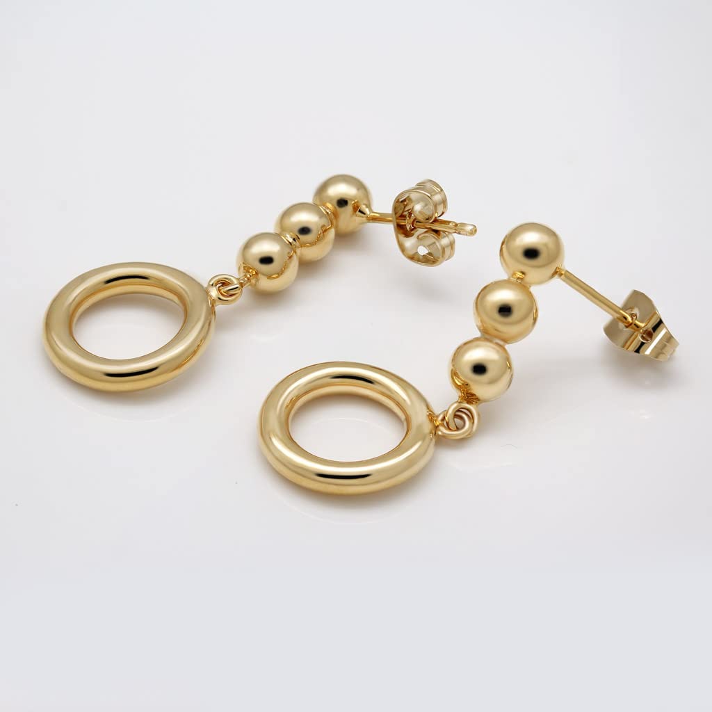Pendientes de Aros y Bolas Para Mujer Chapados En Oro De 18K- Diseño Artesanal (Medida aprox. 3,1 cm de largo y 1,5 cm de cabezal. Aro de 1,3 cm de diámetro exterior y 2 mm de espesor)