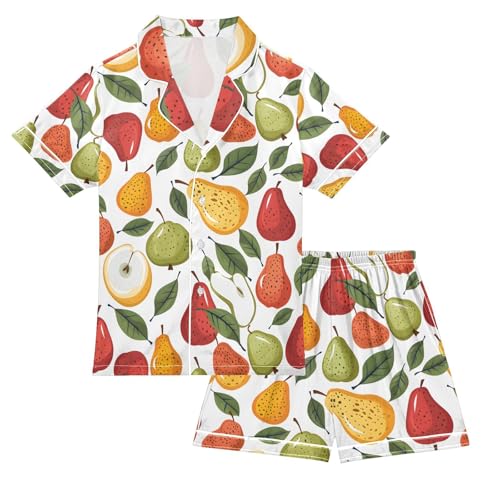 ALAZA Colorful Tropical Fruit Pear Leaves Pajamas Satin Pajama Set Short Sleeve Button Down Sleepwear