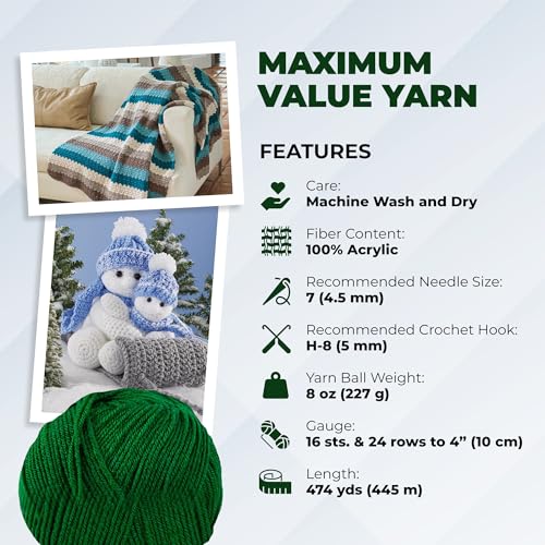 Image of Mary Maxim Maximum Value Acrylic Yarn for Crocheting and Knitting, Soft Worsted Weight Yarn 4, Ideal for Blankets, Sweaters, Hats, and Scarves, 8 oz Skein (474 Yds), Green