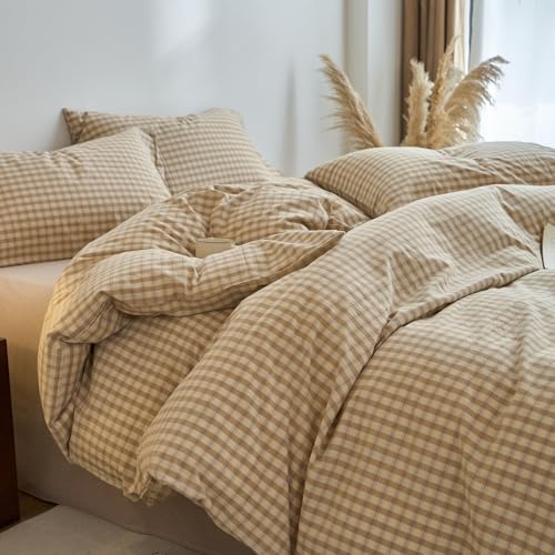 Image of EAVD Vintage Style Brown&Beige Plaid Duvet Cover Full Soft 100% Washed Cotton Chic Checkered Gingham Bedding Set with 2 Pillowcases Farmhouse Brown Gingham Duvet Cover with Zipper Closure