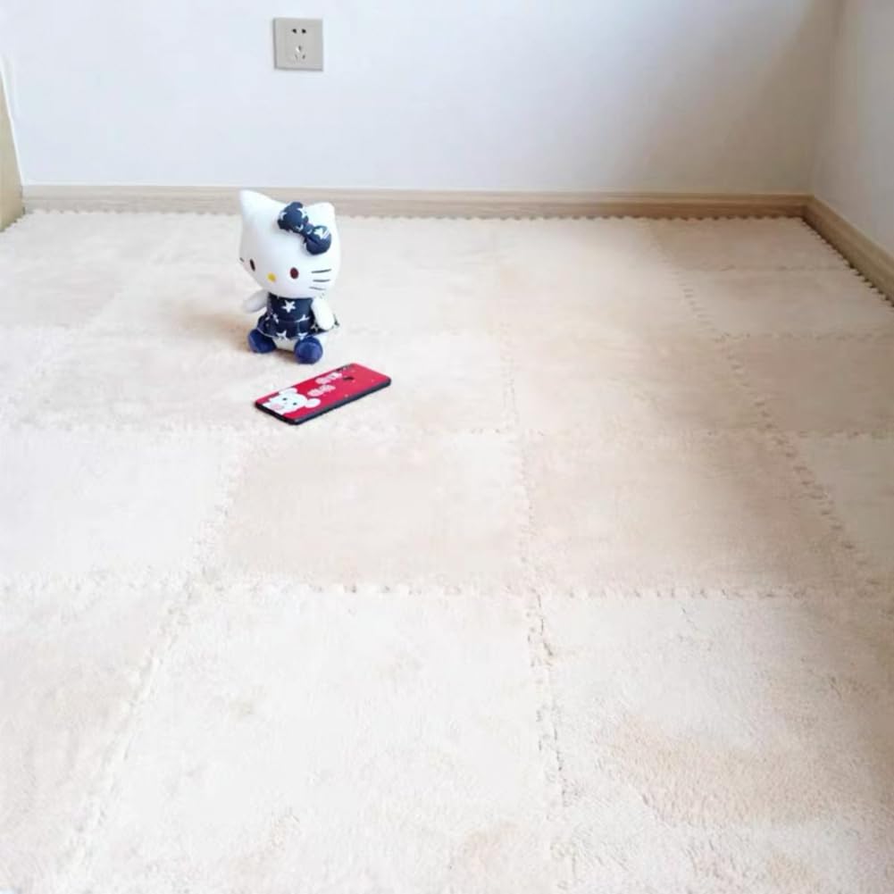10 Tiles Interlocking Puzzle Play Mat 30x30x1cm EVA Foam Floor Mats,Fluffy Area Rug for Living Room Bedroom,Non-Slip Protective Floor Carpet (Khaki)