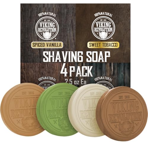 Image of Viking Revolution Shaving Soap for Men - Shave Soap for Use with Shaving Brush and Bowl for Smoothest Wet Shave, Shaving Soap Puck - 4 Pack Variety, Each Pack 2.5oz (Vanilla, Bergamot, Tobacco, Oud)