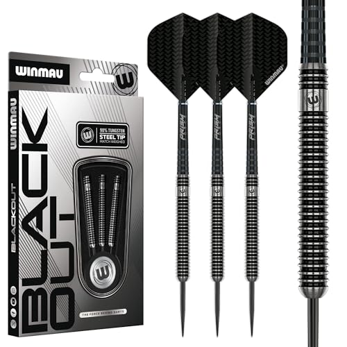 Dardos de tungsteno Winmau Blackout Softip de gran agarre con juegos de plumas y tallos