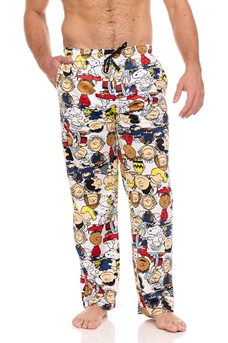 COCO BRANDS Mens Pajama Pants - Peanuts Snoopy Pajamas Cozy Soft Stretch Pajama Bottoms for Men (Sizes S-XL), Size Medium, White Peanuts Character Print