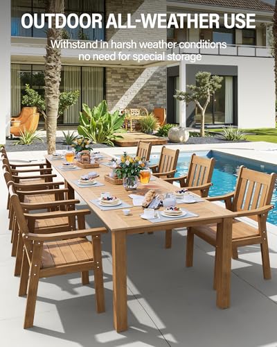 Image of YEFU HIPS Patio Table Set: 10 Piece Outdoor Table and Chairs Dining Furniture Set with Umbrella Hole - Teak Modern Plastic Dining Sets 8 Person for Outside Deck with Metal Aluminum Frame