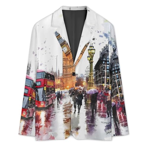 London Street Watercolor Mens Suit Jacket Lapel Blazers V Neck Button Business Coat Tuxedo for Wedding Party3