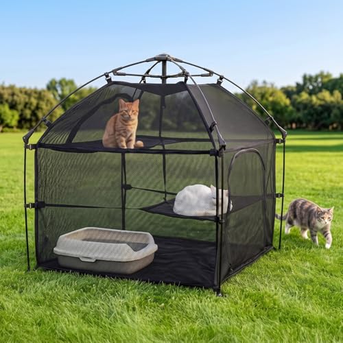 Image of Catio Outdoor Cat Enclosure Pop up Cat Tower Tent Cat Playpen w /Breathable Mesh Portable Catio Kitten Pet Animal Play Pen Indoor Enclosed Kitty Patio Balcony Camping(Square)
