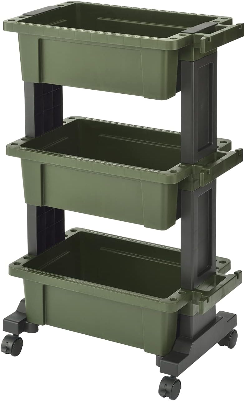 JEJ Agage TWB-490G Tool Wagon, Box Type, Made in Japan, Assembly Type, 3 Tiers, With Casters, Black Green, Width 19.7 x Depth 11.6 x Height 30.9 inches (49 x 29.5 x 78.5 cm)