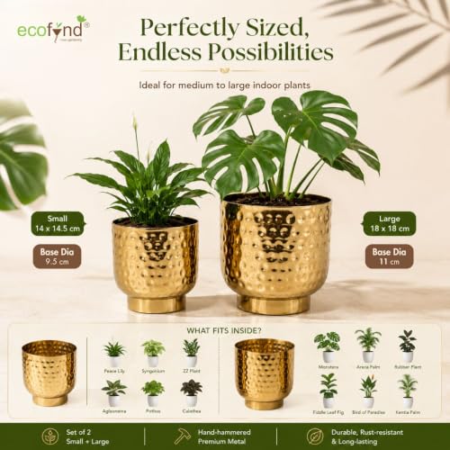 Image of ecofynd 2 Pack Metal Plant Pots (7 inch, 5.5 inch), Indoor Small Planter Flower Pots, Home Garden Decor Planter for Living Room Bedroom Interior (Gold Finish, POT054)