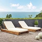 Christopher Knight Home Tory Acacia Wood Chaise Lounge Chair Outdoor Set of 2, Adjustable Backrest Sun Lounger Recliner, Patio Outdoor Chaise Lounge with 4' Thick Water-Resistant Cushions, Teak+Cream