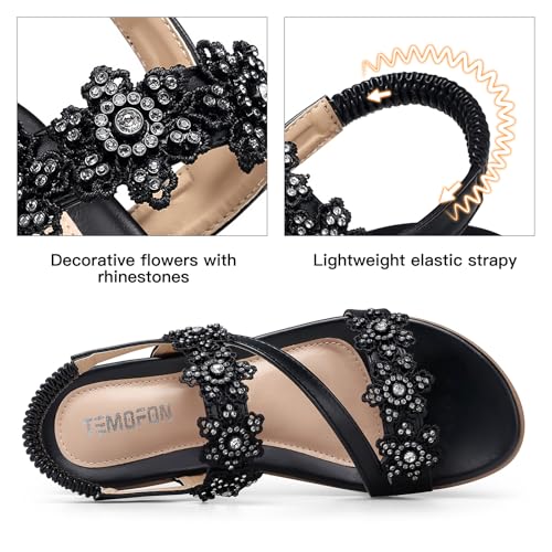 Image of TEMOFON Sandals for Women Flat Dressy Summer Flower Sandals with Ankle Strap Comfortable Casual Walking Flat Sandals Size 5-11