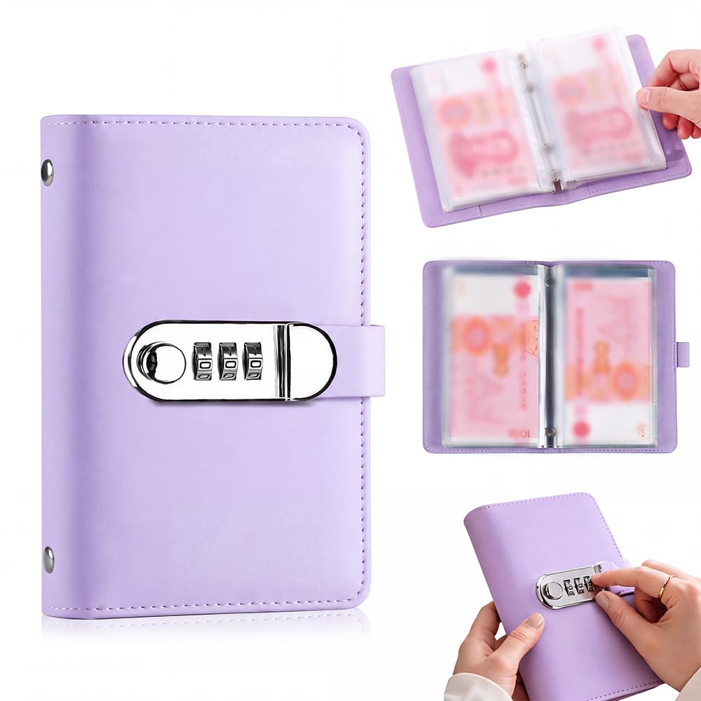 Lockable Savings Notebook, 2027 New Portable Cash Envelope Binder (Purple)