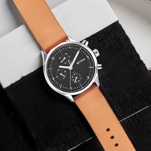 Image of Titan Neo Quartz Multifunction Black Dial Brown Leather Strap Watch for Men - NT1803SL02