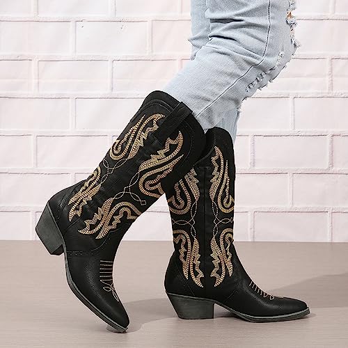 Image of SelRoys Cowboy Boots for Women Cowgirl Mid Calf Western Boots Embroidered Stitched Pointed Toe Chunky Block Heel Brown Red Black US5-11