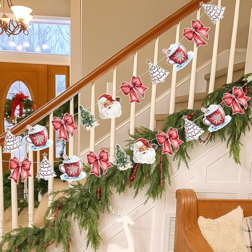 Image of Oudain 2 Pack Christmas Paper Garland Red White Decoration 6.56 ft Hot Cocoa Red Bow Santa Claus Christmas Trees Red Bow Hanging Bunting Banner Flags for Xmas Party Mantel Fireplace Decorations