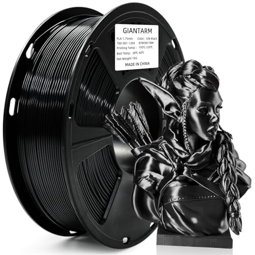 GIANTARM 3D Printer Filament, Silk Black Pla Filament, 1Kg(2.2lbs) Spool, 1.75mm Dimension Accuracy +/- 0.03mm, 3D Printing Filament