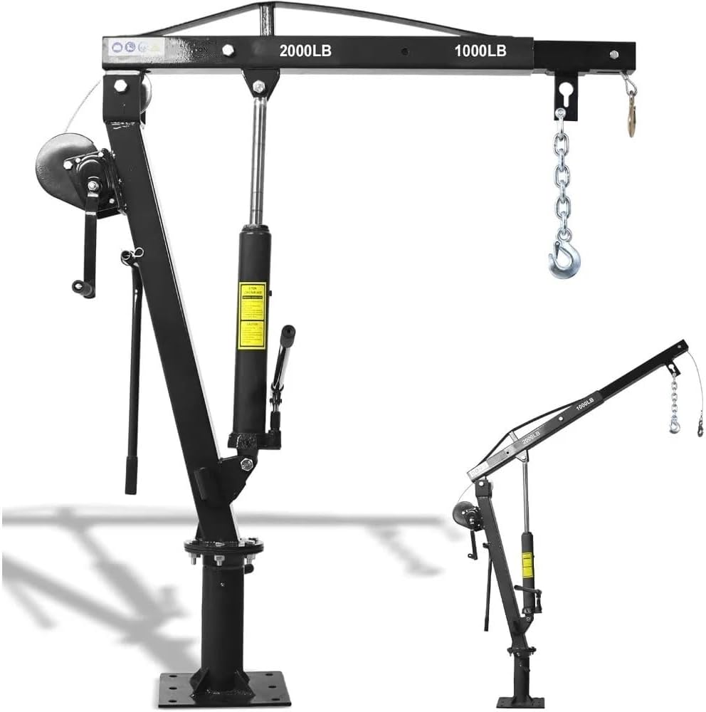 Lifting Tool 2000 Lbs Folding Truck Crane with Hydraulic Winch, Heavy Duty Pickup Truck Bed Engine Hoist Jib Crane Mounted Crane Electric Hoists,Black