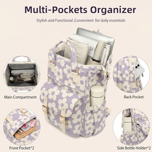 Image of Corduroy Laptop Backpack for Women 15.6 Inch Stylish College School Bookbag, Business Work & Travel Computer Backpacks (Large Floral Purple)