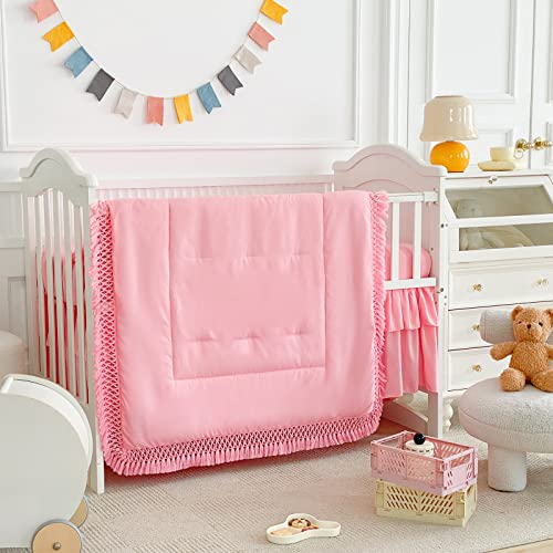 Tassels Crib Bedding Set 3 Pieces Baby Tassels Quilted Comforter With Fitted Sheet And Bed Skirt - Cute Tassels Chic Baby Bedding Soft Blanket Design Pink #TOP1