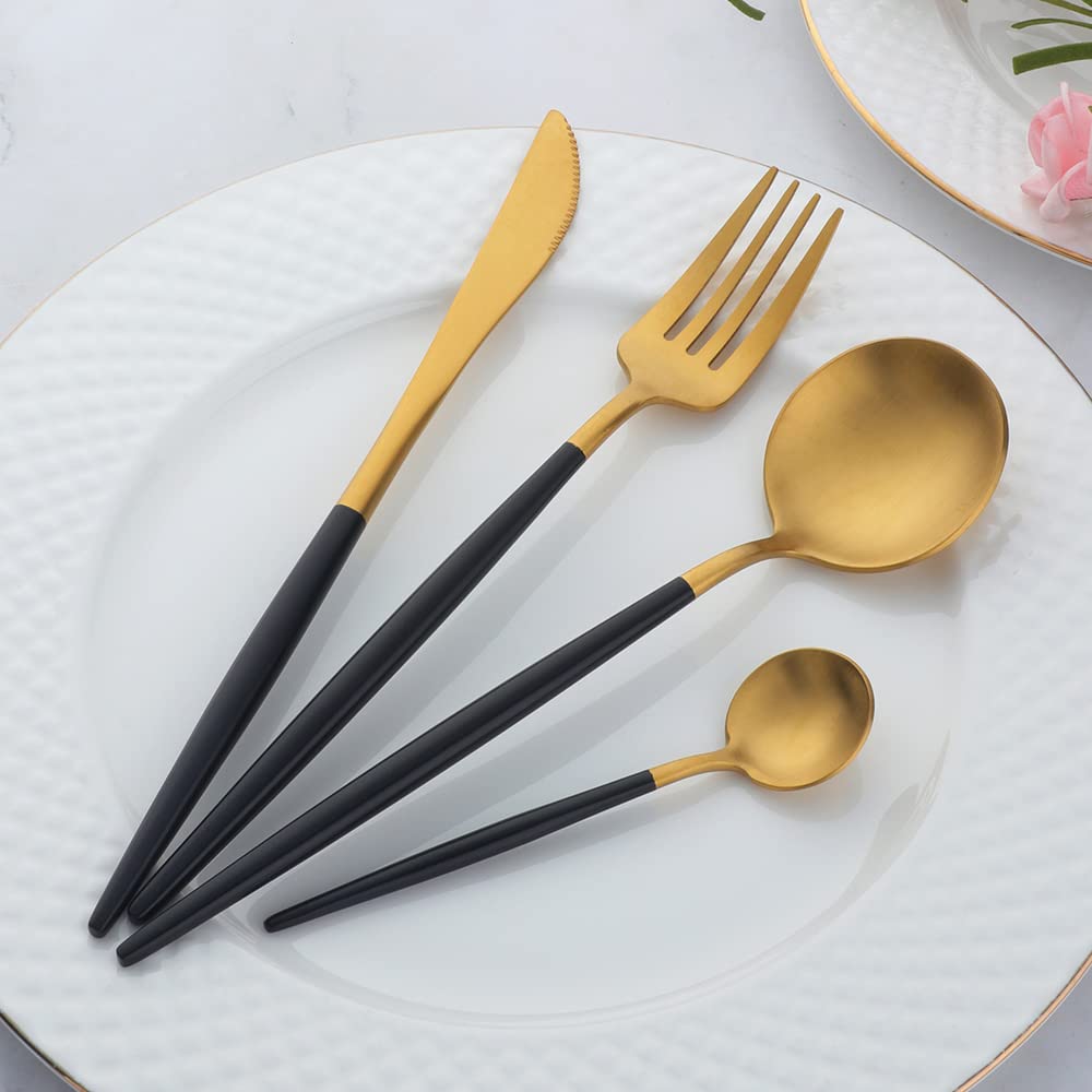 YDware 20 Stück Besteck Schwarzes Gold Matt, 20 Stück Titanium Schwarzes Gold Plated Besteck Set, Besteck Set Schwarzes Gold Service für 5.