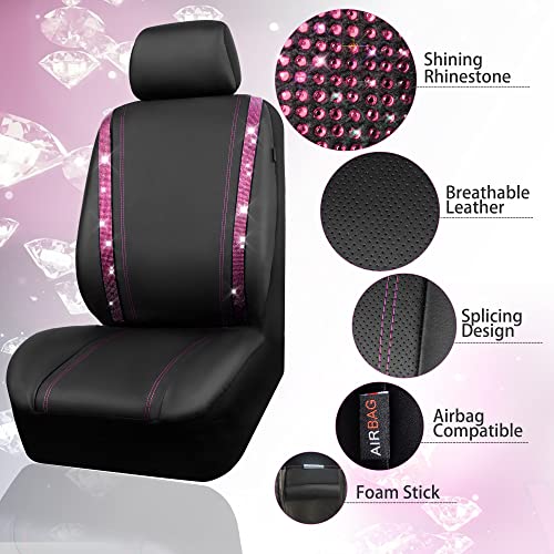 Image of CAR PASS Leather Bling Diamond Car Seat Covers 2 Front Interior Sets, Waterproof Universal Shining Glitter Crystal Sparkle Fit for Automotive Truck SUV Cute Women Girl, Black Pink Rhinestones