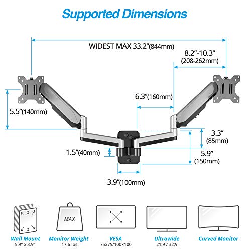 Image of AVLT Dual 32 inch Monitor Wall Mount - Mounts Two 17.6 lbs Computer Monitors on 2 Full Motion Adjustable Arms - Organize Your Work Surface with Ergonomic Viewing Angle VESA Monitor Mount | Supports flat /curved screens up to 17.6 lbs each. Smooth gas spring, VESA 75x75 /100x100 and clean cable routing