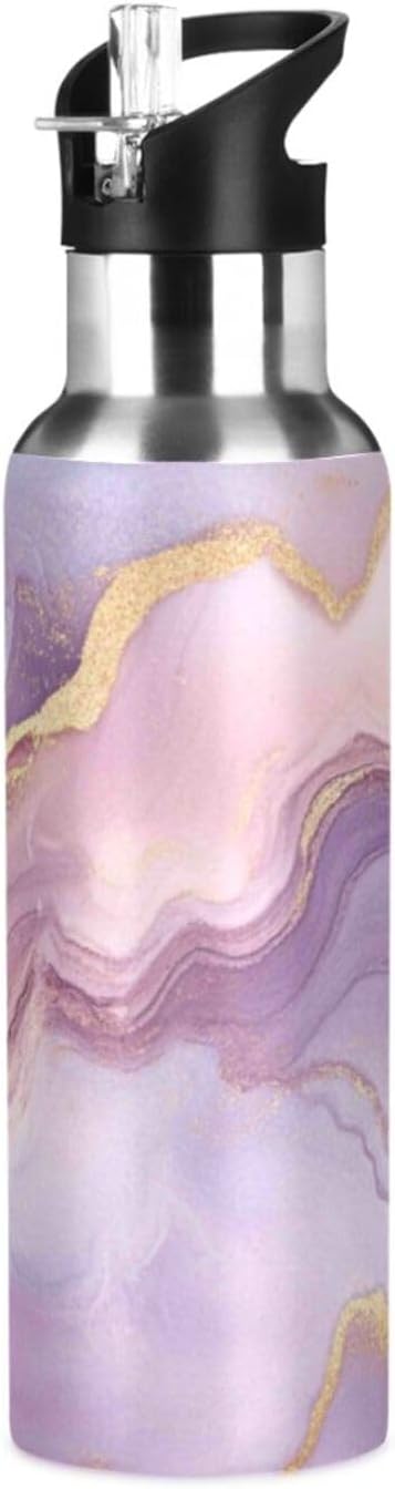 Kcldeci Pink Marble Sports Water Bottle 20 Oz Straw Lid Leak Proof Vacuum Insulated Stainless Steel Hot Cold Double Walled Thermo Mug Tumbler Travel Cup Standard Metal Canteen