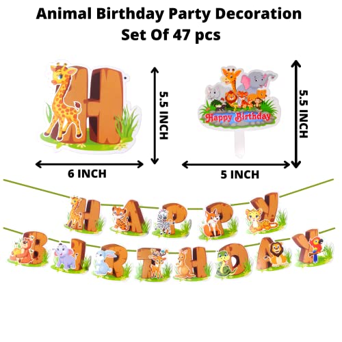 Image of Party Decorz Animal /Jungle /Safari Theme Birthday Decoration Set Of 47 pcs(1pcs Happy Birthday Banner +12pcs Paper Cutout +2pcs Props +1pcs Cake Topper +1pcs Curtain +30pcs Balloons)
