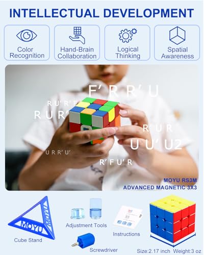 Image of CFMOUR Magnetic Speed Cube 3x3 - Stickerless Cubes with Stand, 48 Magnets | Moyu RS3M, Magic Cube, Fast Turning, Durable, Brain Teaser, Birthday Party Gift, 3D Puzzle, Travel Game for Teens and Adults