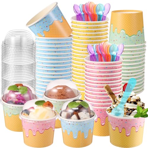 Jingmore 40 Pack Ice Cream Cups with Lids and Spoons Paper Dessert Cups Colorful Sundae Bowls Disposable Ice Cream Containers for Hot Soup Spring Summer Graduation Bar Party Supplies (6 oz)
