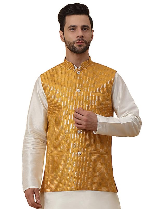 kraft india Men's Cotton Silk Sequenced Sleeveless Embroided Nehru Jacket-picture-33
